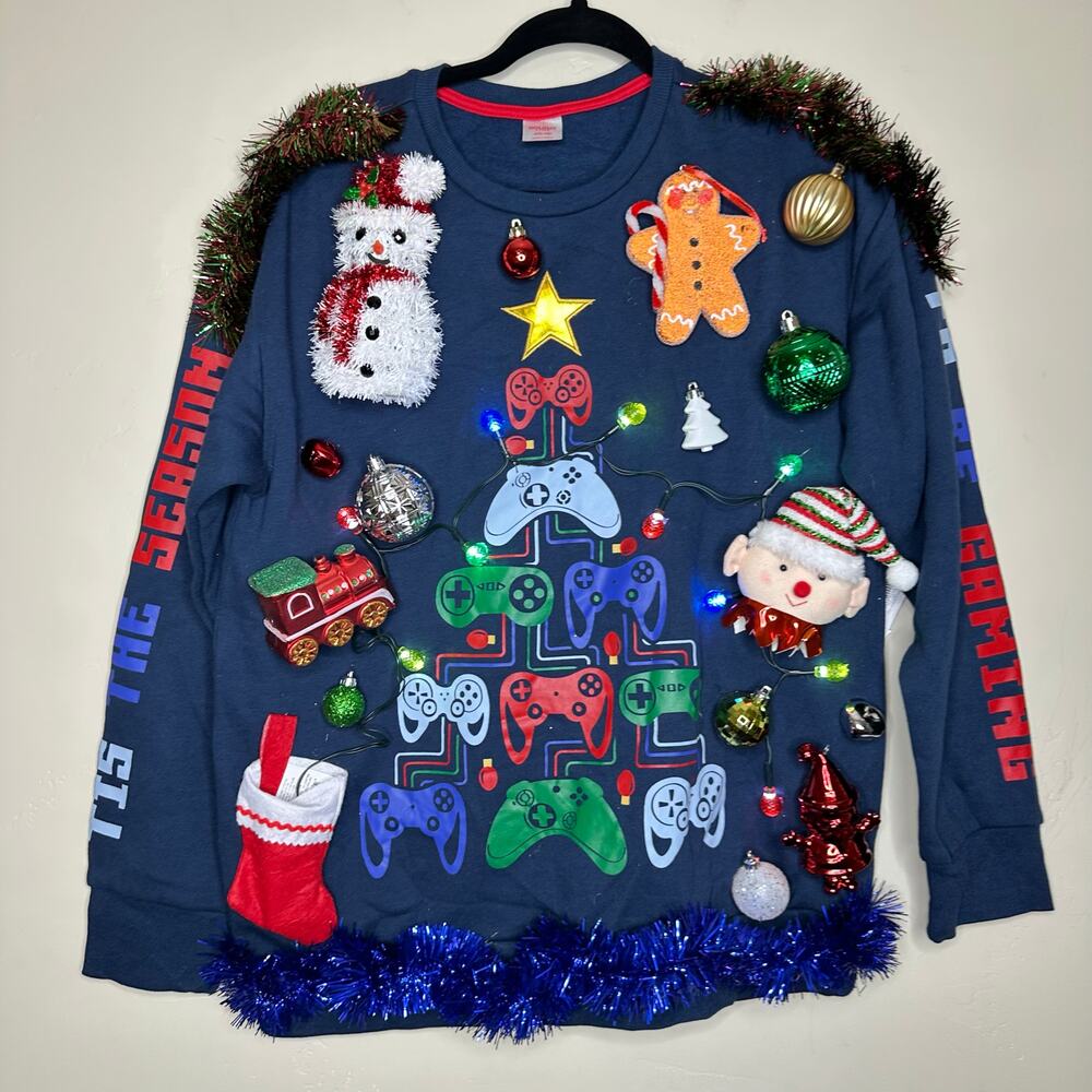 Ugly Christmas Sweater Gaming LIGHTS UP Tinsel Xmas Party Winner Kids Size XXL